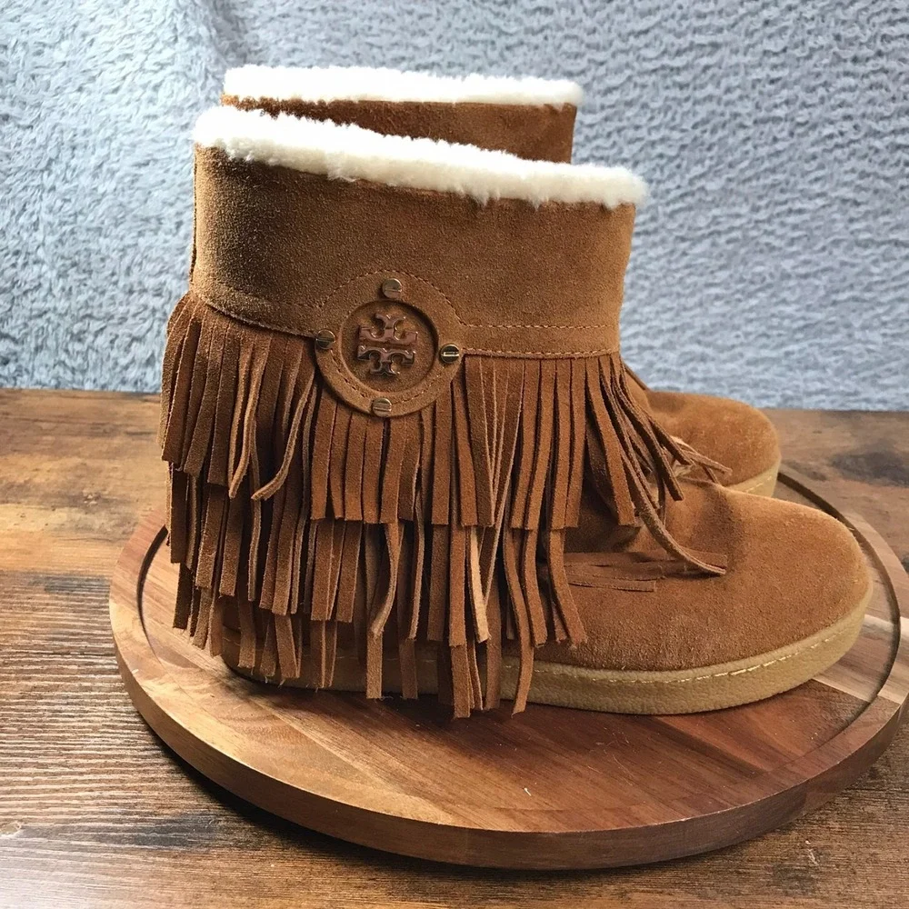 Tory Burch Collins Fringe Boot Womens 6 Brown Suede Shearling Lined Ankle Bootie